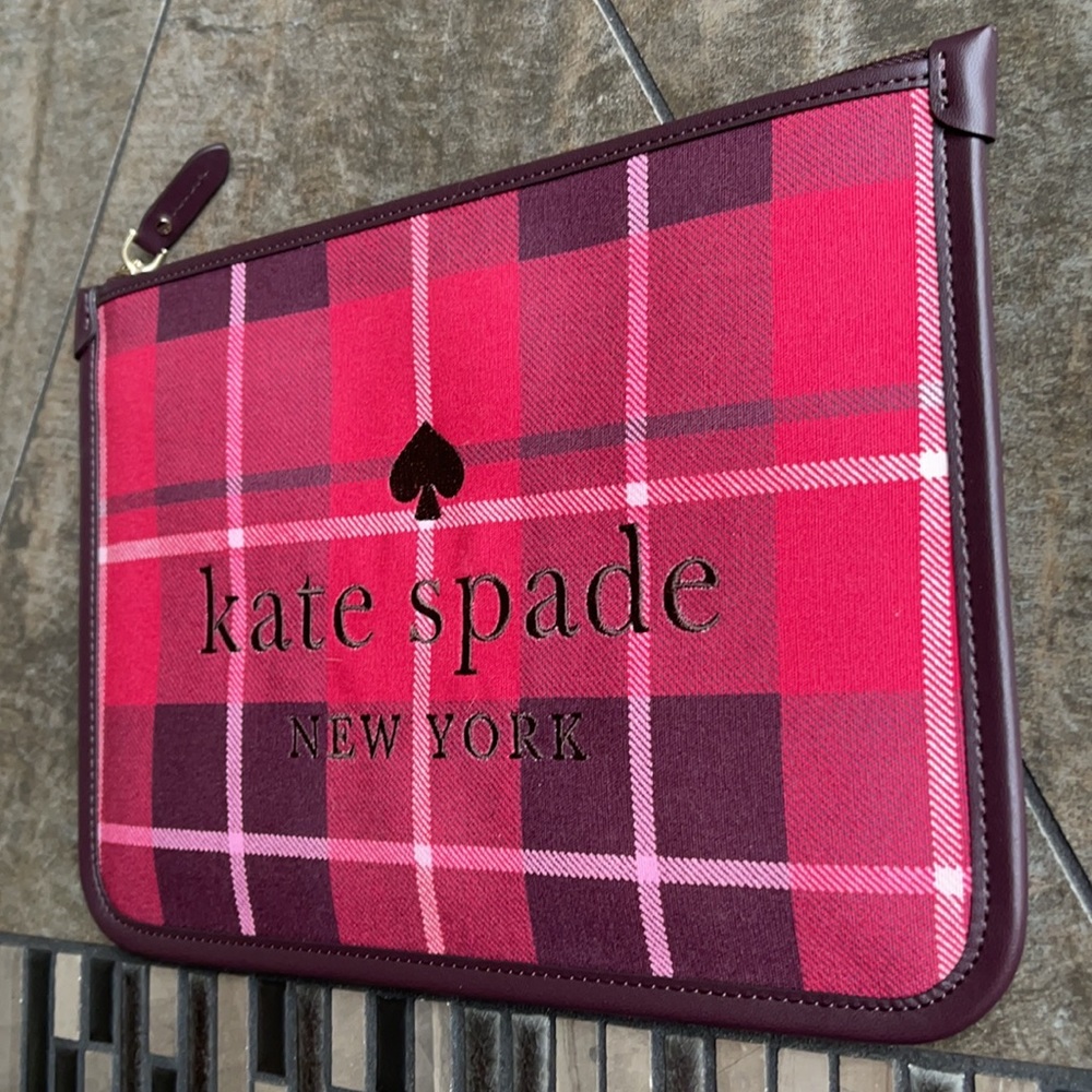 Kate Spade Ella Plaid Bright Rose Large Zip Pouch Clutch - Picture 3 of 16